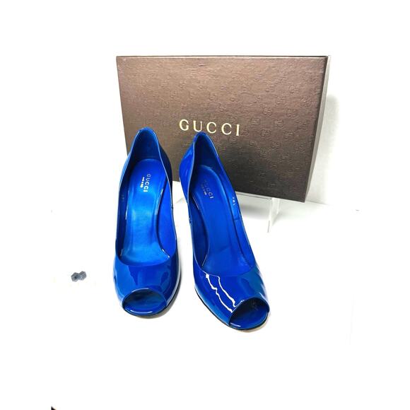 Gucci Vernice Crystal Peep Toe Pumps Ink Blue Patent Leather Heels Size 38.5 - Picture 2 of 10